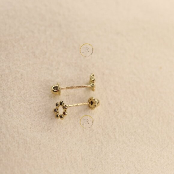 14K Solid Gold Circle Stud Earrings with Multicolor CZ · 4mm Dainty Design. - Picture 4 of 8